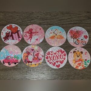 Valentine's Day Handcrafted Diamond Art Coasters, Set Of 8 With Wire Holder
